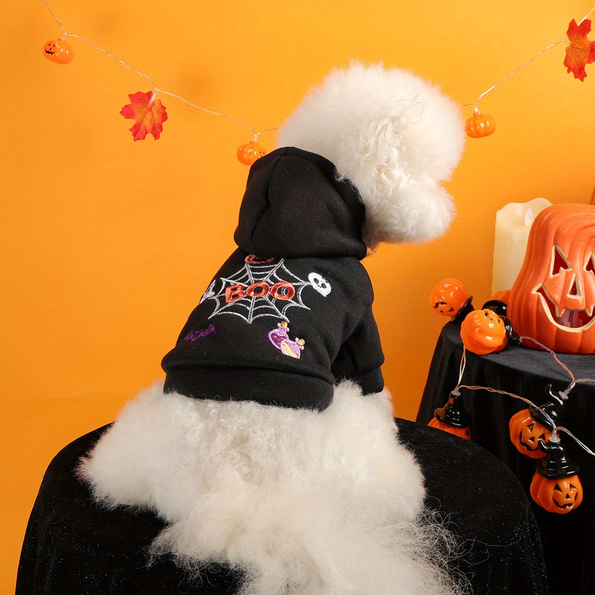 Halloween Spider Web Pet Hoodie with Pumpkin Embroidery - Image 3