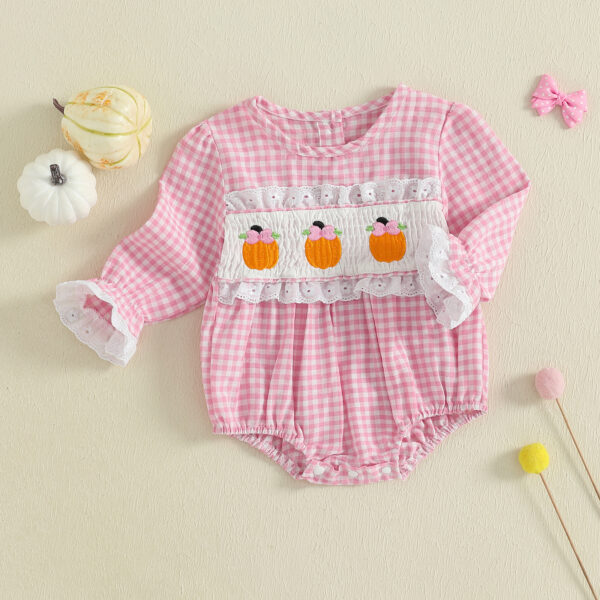 Baby Girl Halloween Plaid Romper – Long Sleeve Smocked Bodysuit for Fall