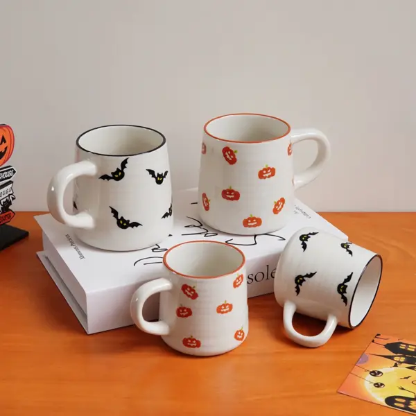 Halloween Ceramic Mug - Pumpkin & Bat Pattern Espresso Cup for Drinks & Decor