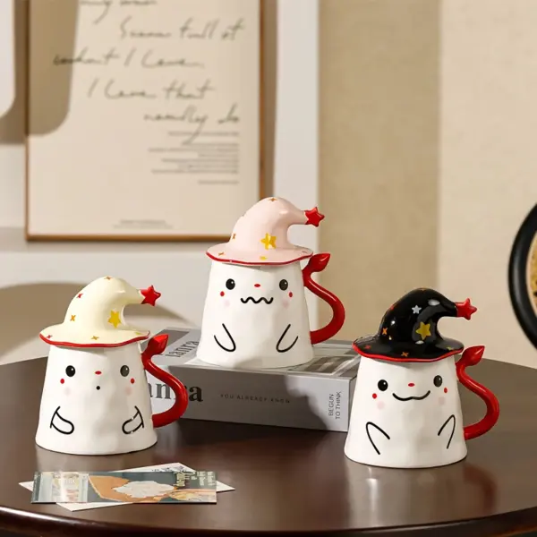 Halloween Ceramic Ghost Mug with Lid - Cute Ghost Magic Hat Coffee Cup