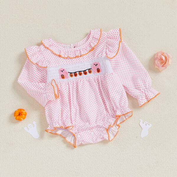 Baby Girl Halloween Romper with Pumpkin Ghost Embroidery – Long Sleeve Fall Jumpsuit