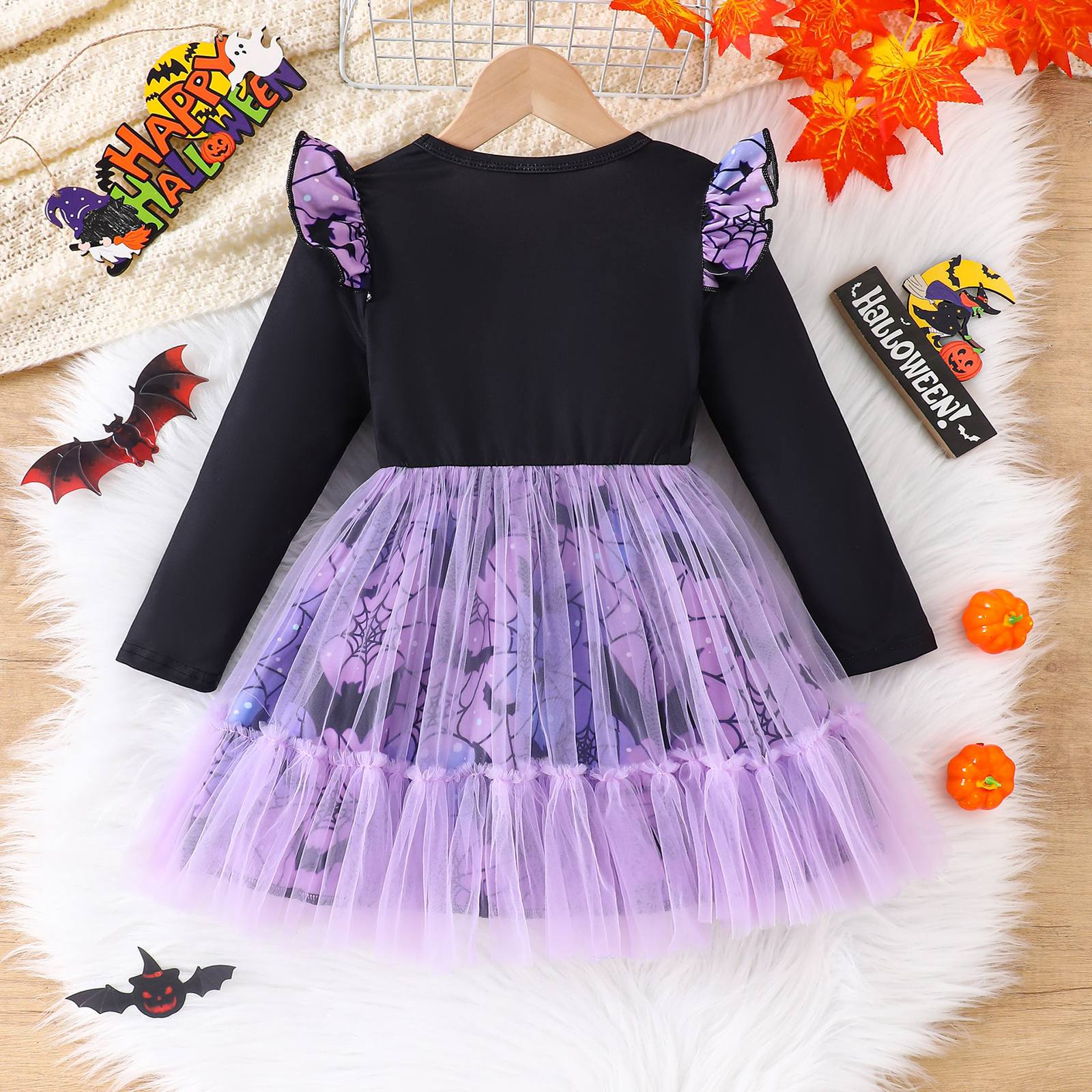 Halloween Dress Casual Letter Print Mesh Patchwork Long Sleeve Toddler Dress - Image 5