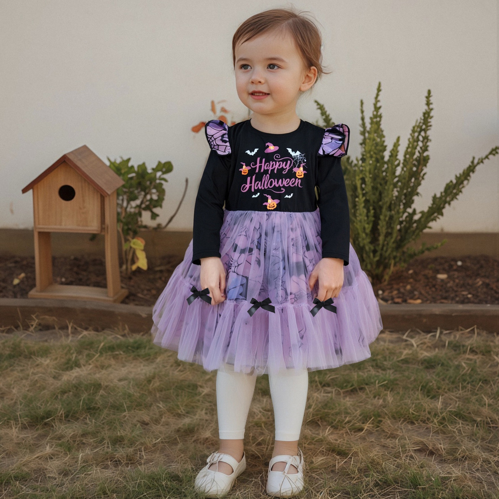 Halloween Dress Casual Letter Print Mesh Patchwork Long Sleeve Toddler Dress - Image 4