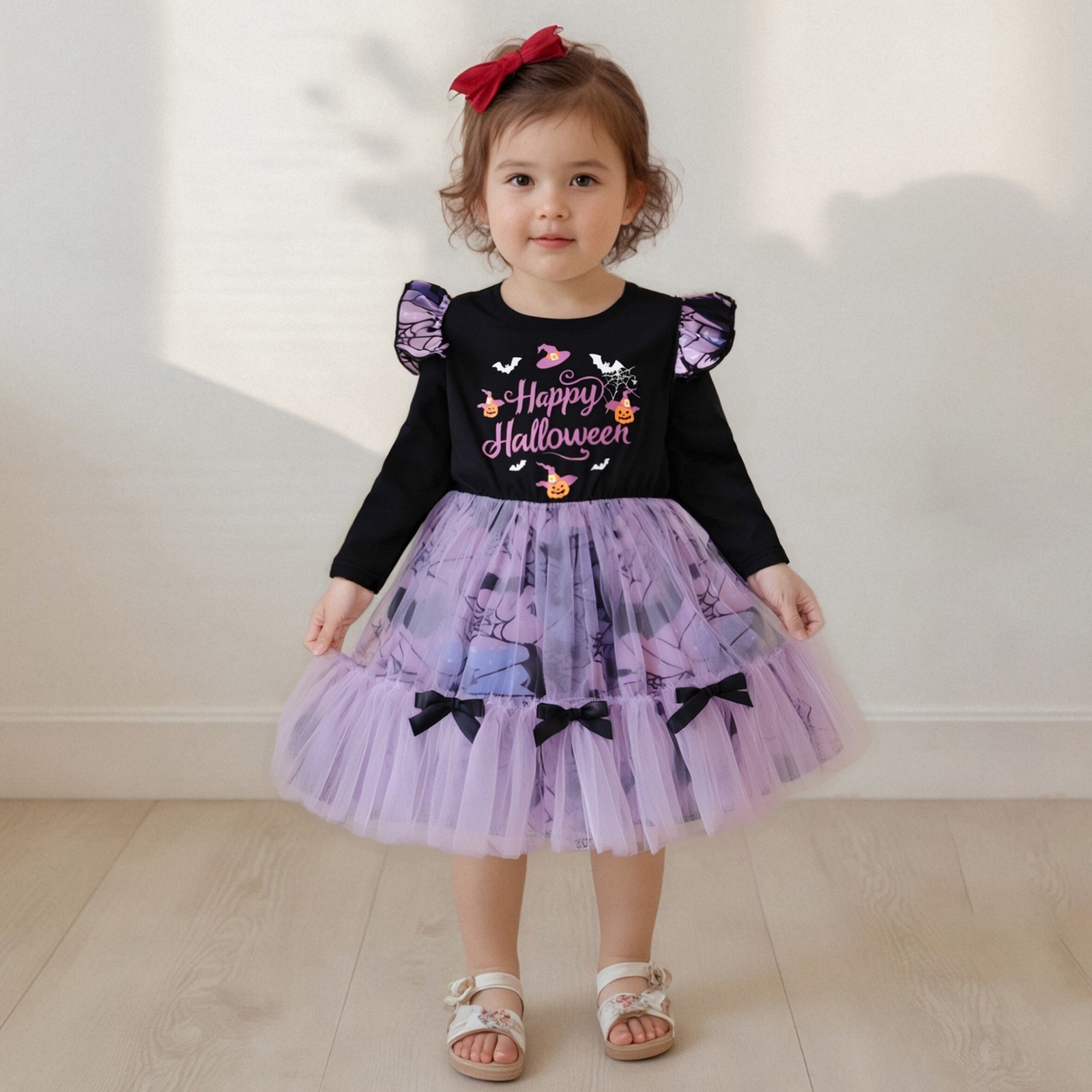 Halloween Dress Casual Letter Print Mesh Patchwork Long Sleeve Toddler Dress - Image 3