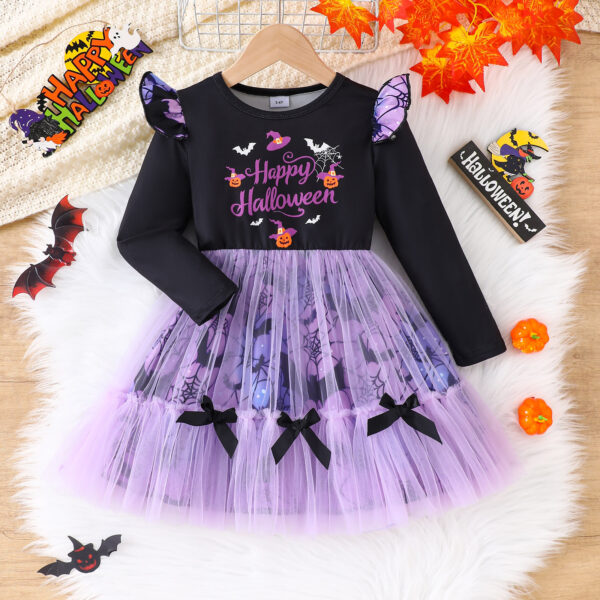 Halloween Dress Casual Letter Print Mesh Patchwork Long Sleeve Toddler Dress