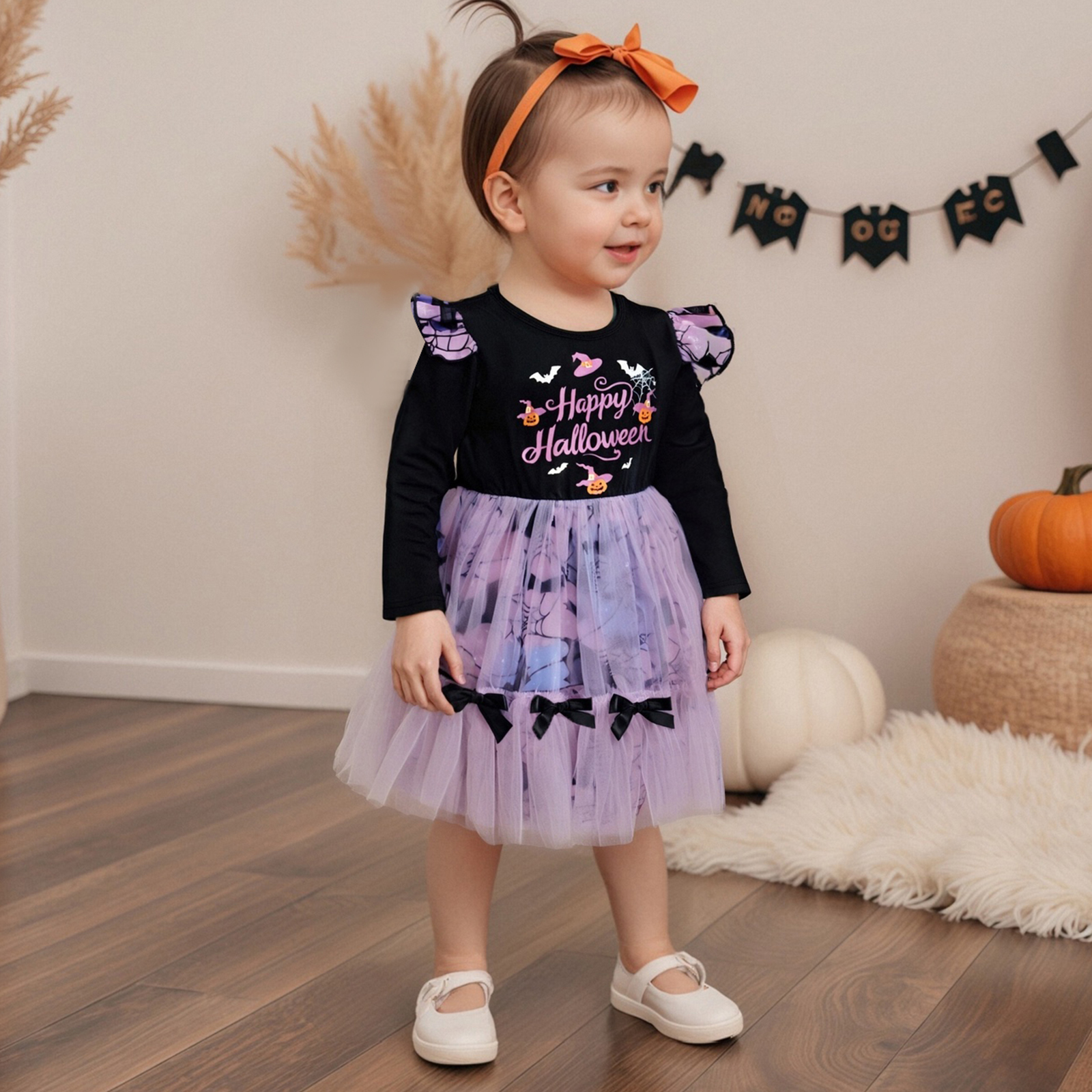 Halloween Dress Casual Letter Print Mesh Patchwork Long Sleeve Toddler Dress - Image 2