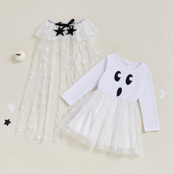 Halloween Mesh Dress with Cape - Toddler Casual Star Print Long Sleeve Set
