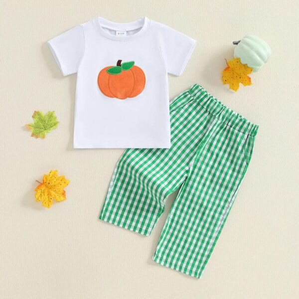 Toddler Boy Halloween Pumpkin Outfit with Plaid Pants