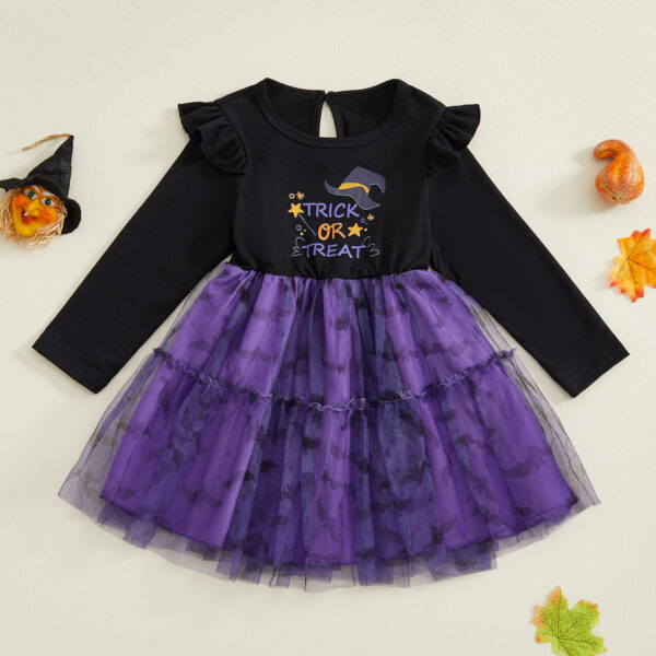 Halloween Witch Hat Print Tulle Dress for Toddler Girls