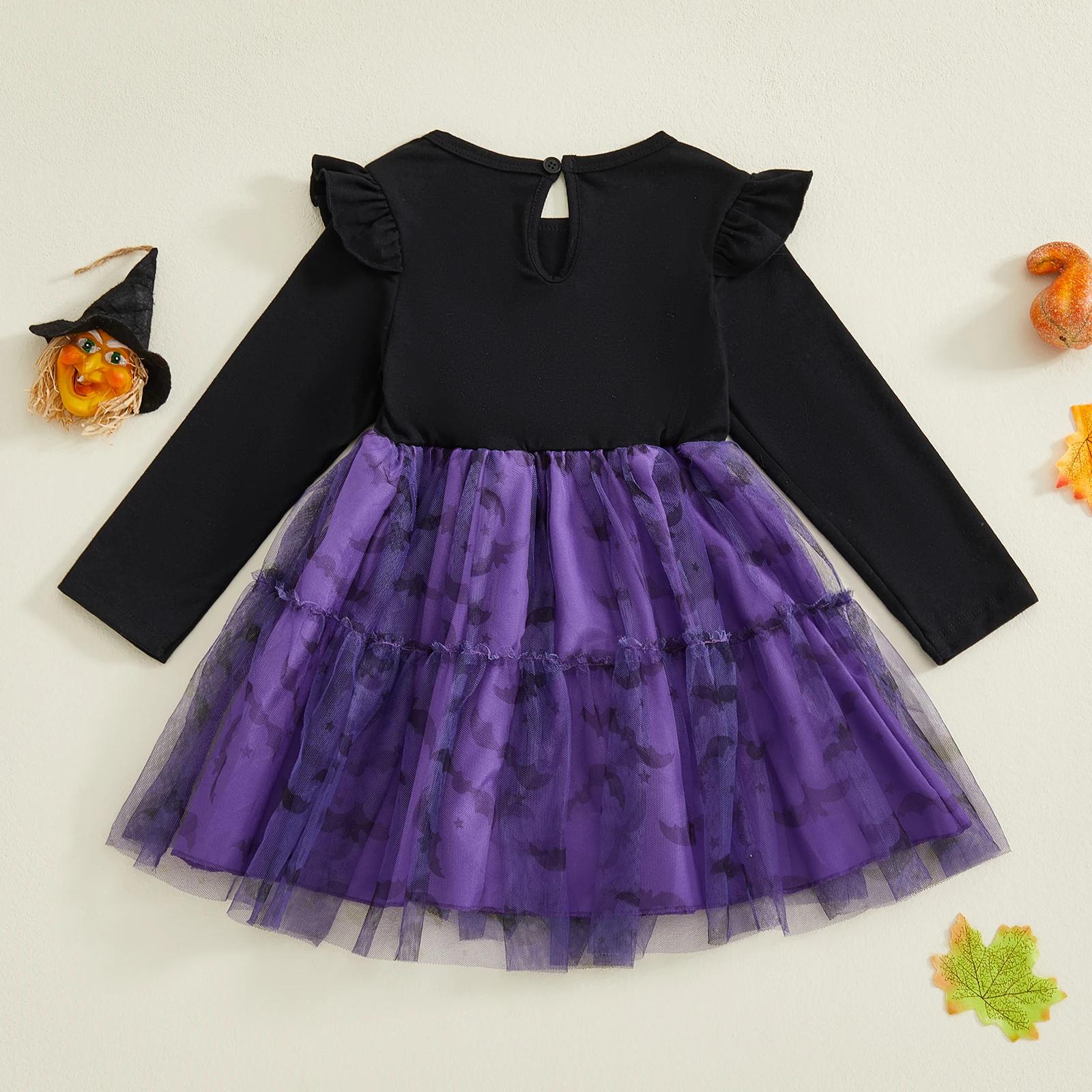 Halloween Witch Hat Print Tulle Dress for Toddler Girls - Image 3