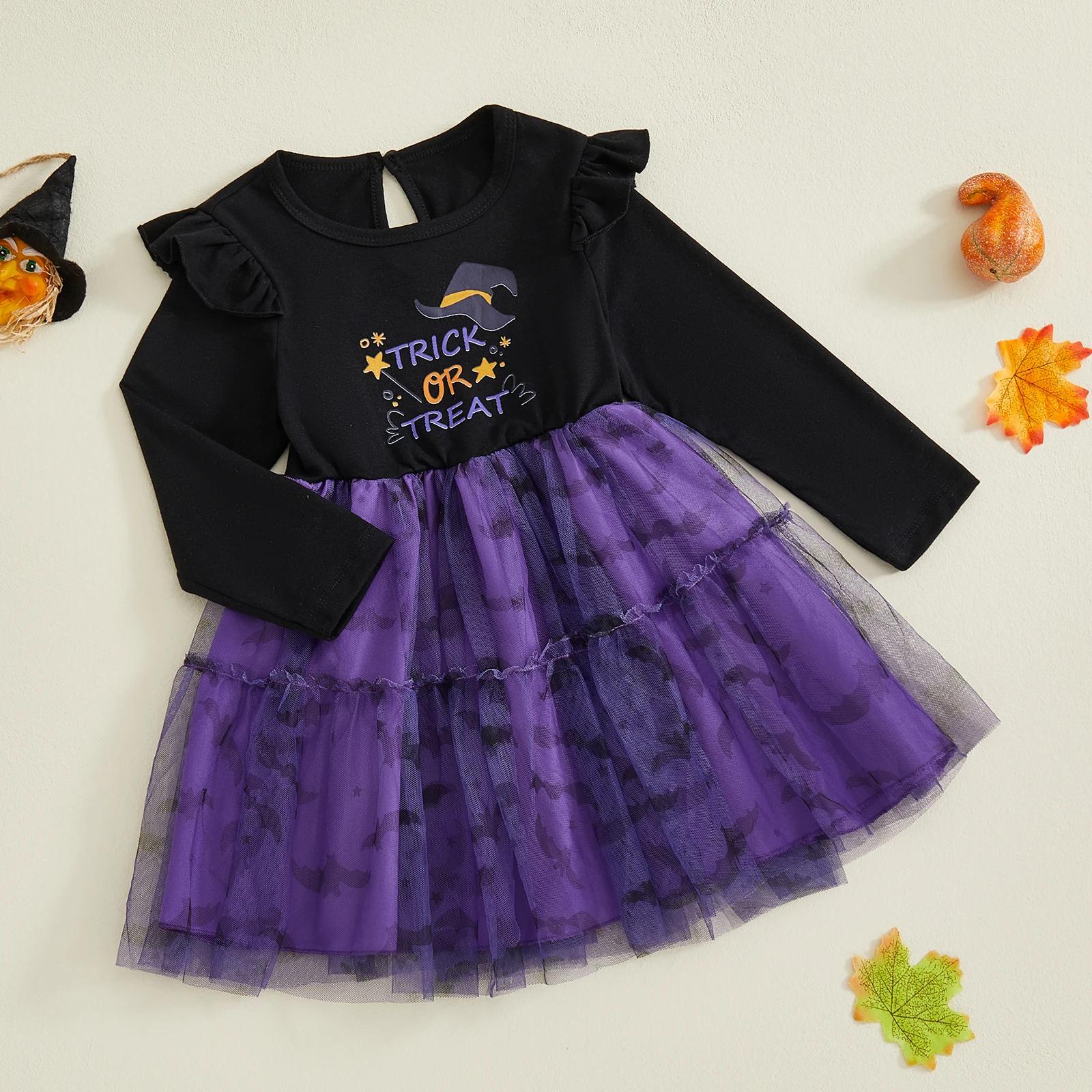 Halloween Witch Hat Print Tulle Dress for Toddler Girls - Image 4