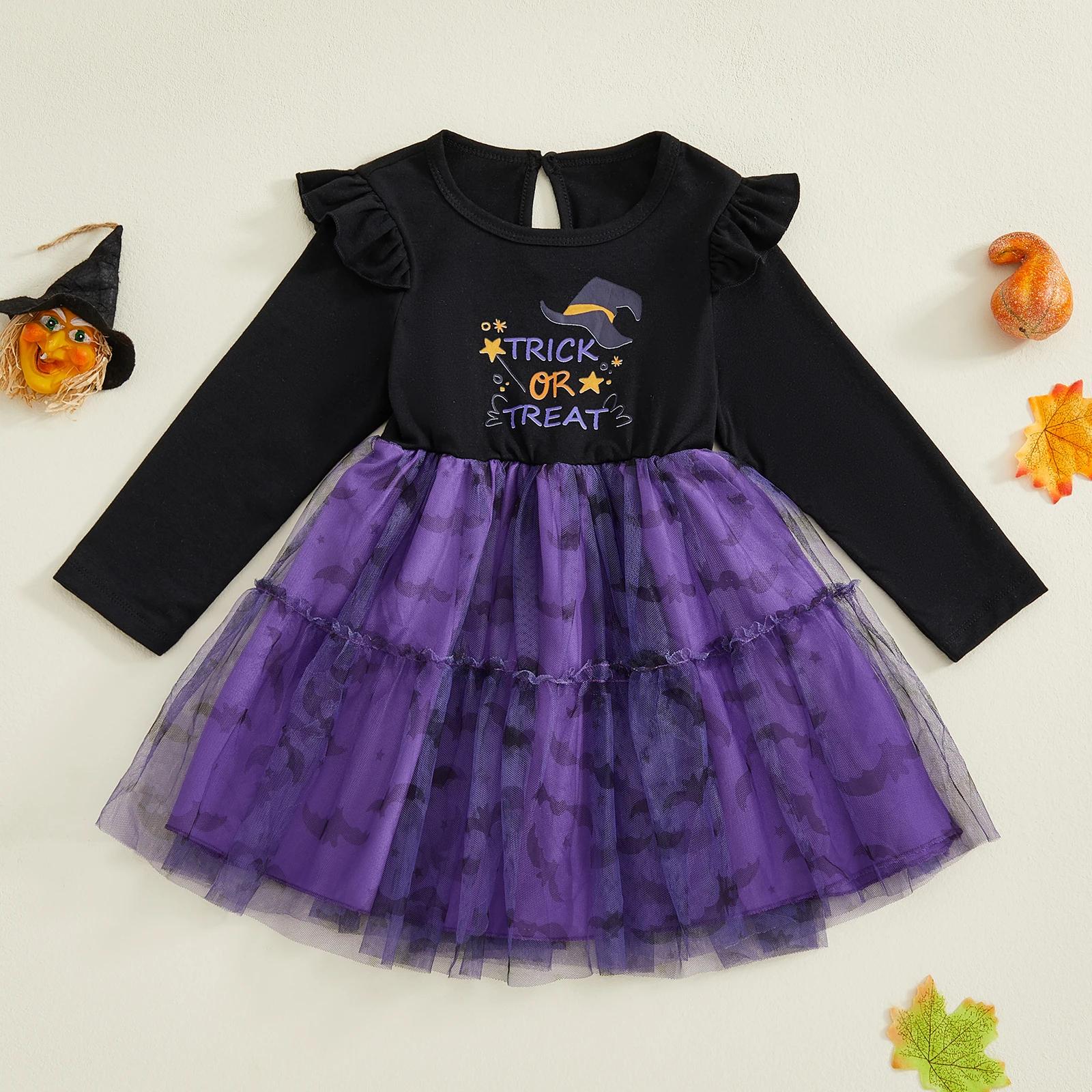 Halloween Witch Hat Print Tulle Dress for Toddler Girls - Image 2