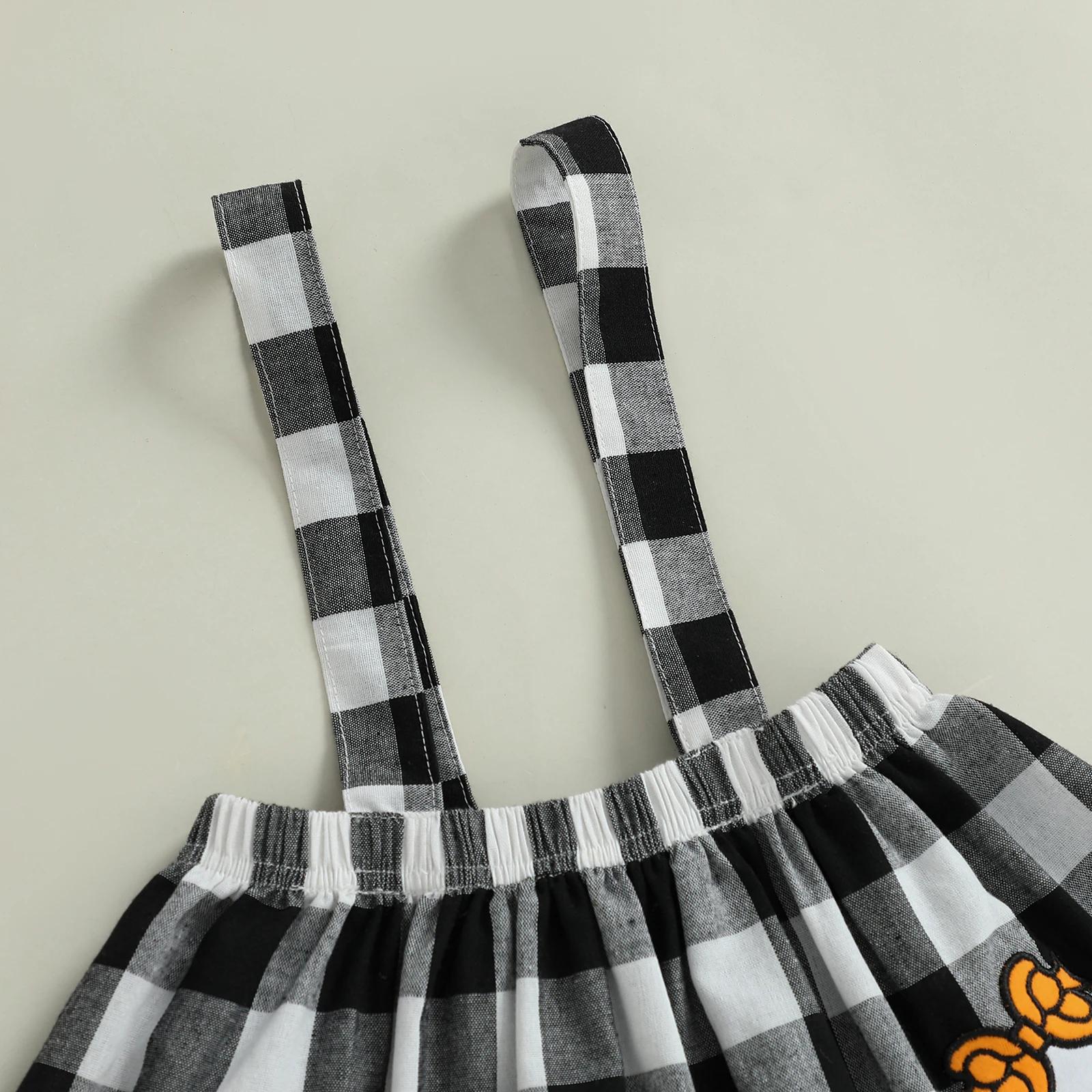 Toddler Baby Girl Halloween Outfit Long Sleeve Top & Ghost Plaid Suspender Skirt - Image 4