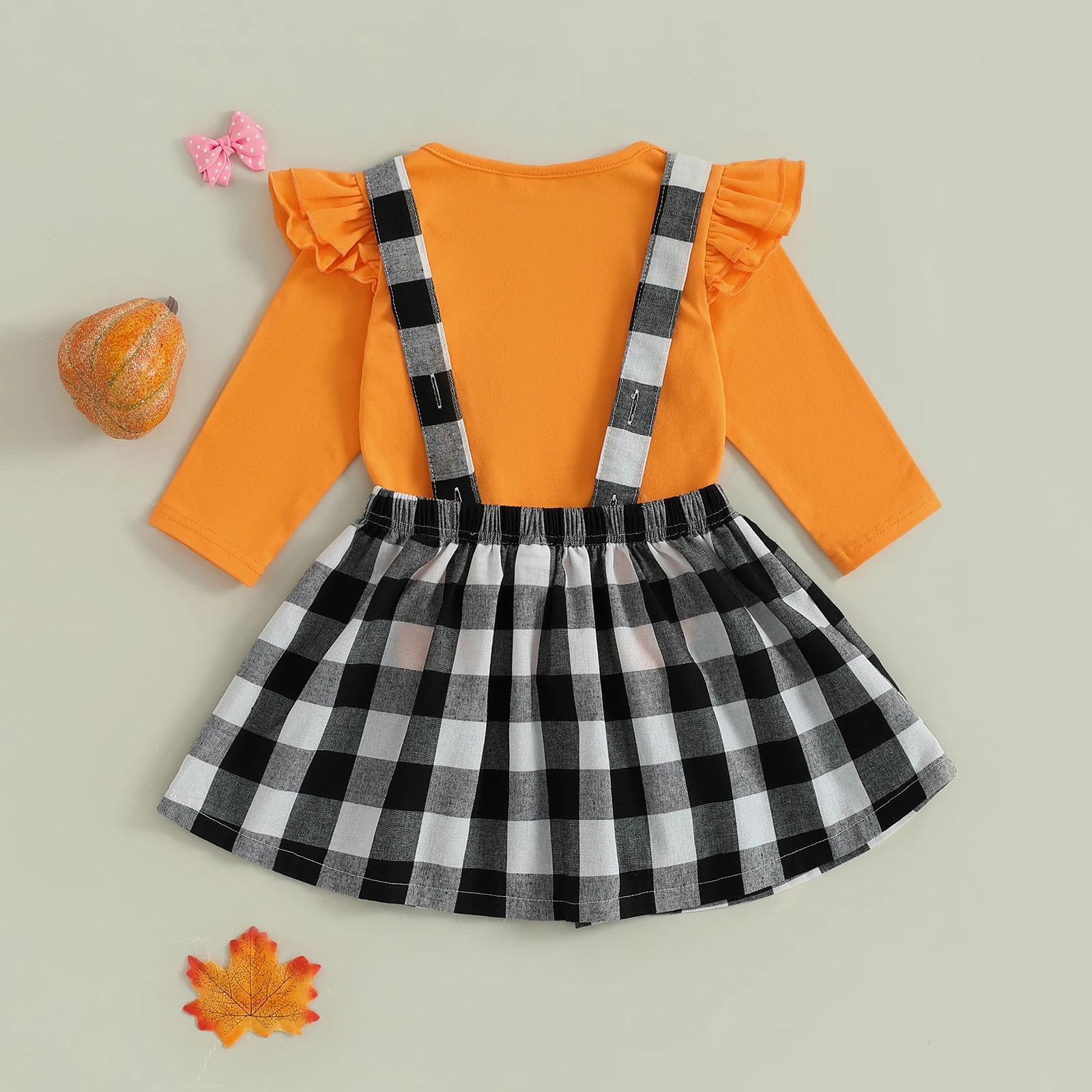 Toddler Baby Girl Halloween Outfit Long Sleeve Top & Ghost Plaid Suspender Skirt - Image 2