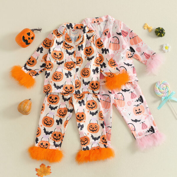 Girls Halloween Pajamas Set Pumpkin Print Feather Cuffs Button Up Shirt and Pants