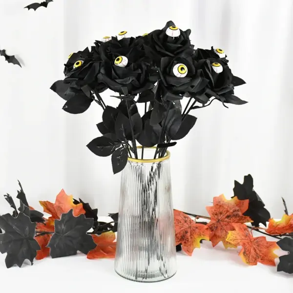 Halloween Black Rose with Eyeball – Scary Silk Flower Decor (5pcs)