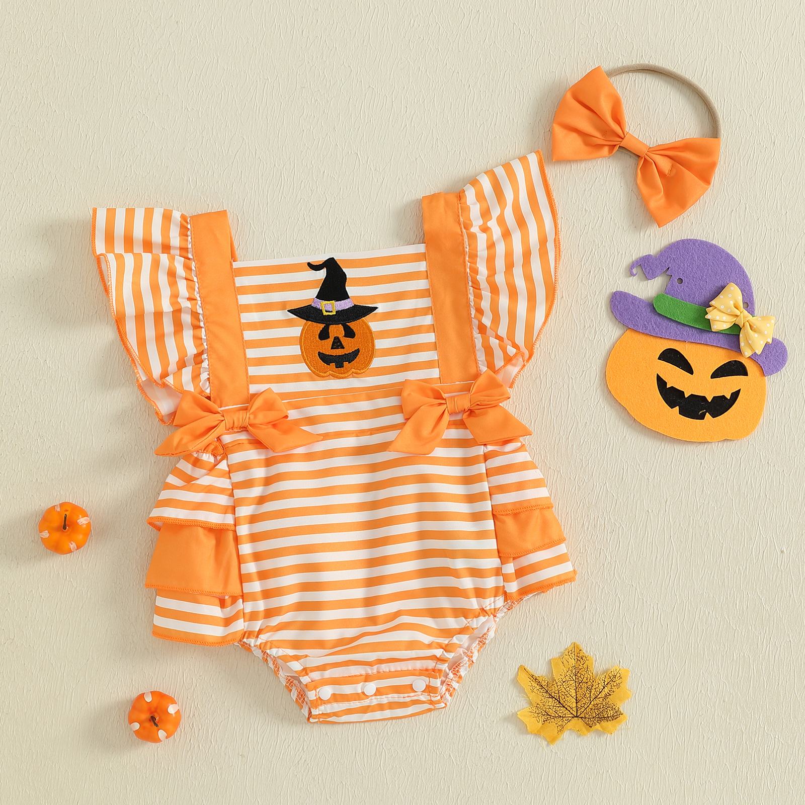 Baby Girl Halloween Pumpkin Romper with Headband 2 Piece Outfit 0-18M - Image 5