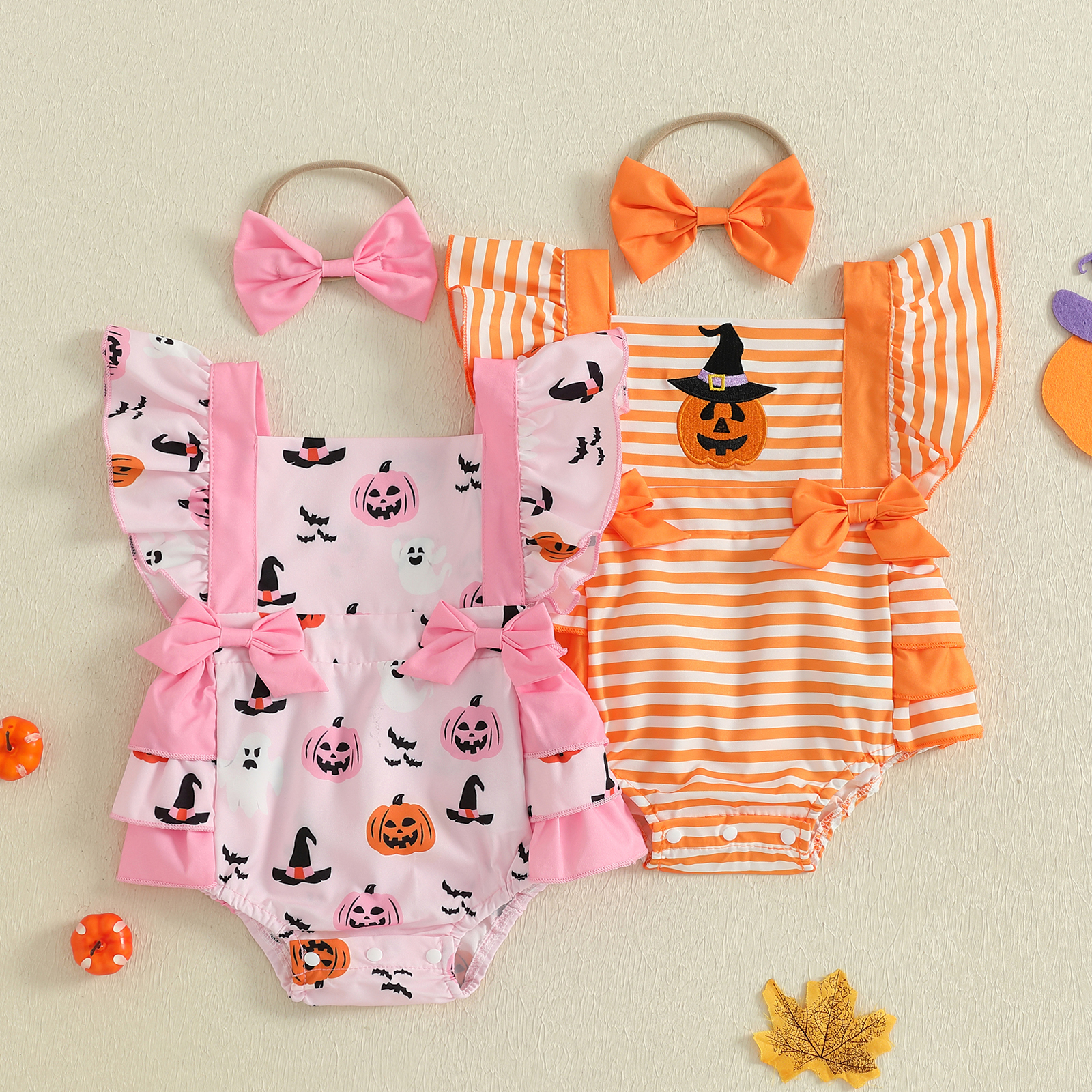 Baby Girl Halloween Pumpkin Romper with Headband 2 Piece Outfit 0-18M - Image 3