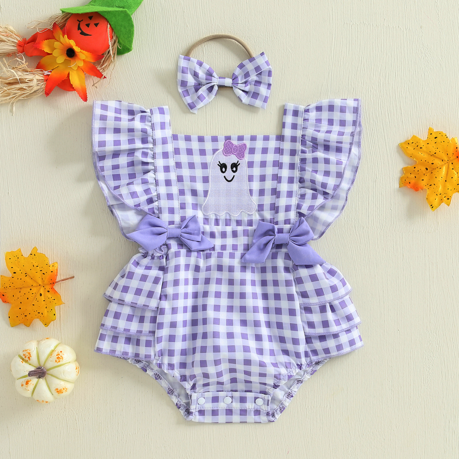Baby Girl Halloween Pumpkin Romper with Headband 2 Piece Outfit 0-18M