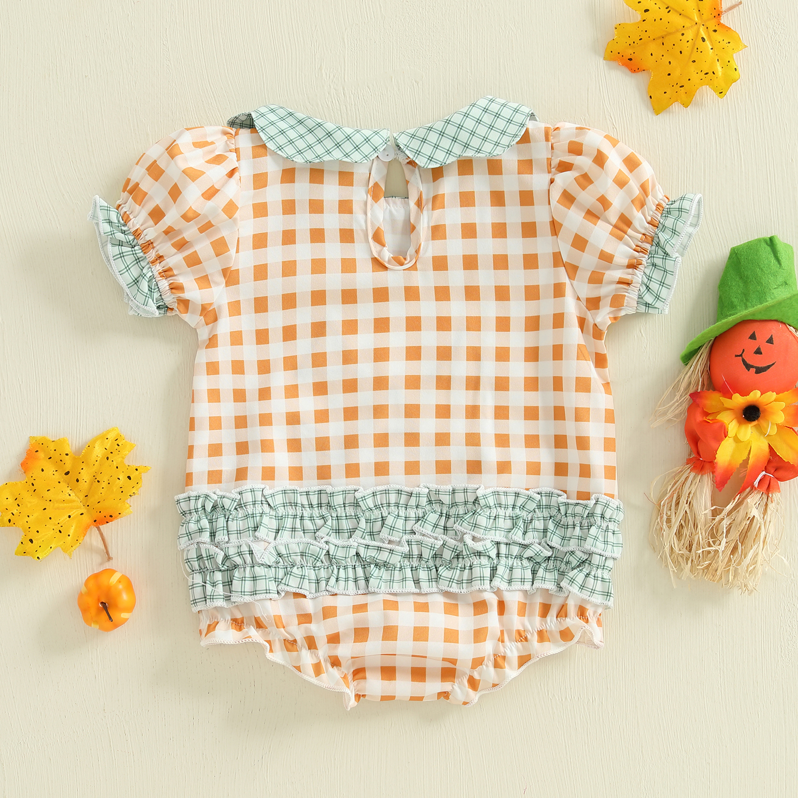 Baby Girl Halloween Pumpkin Plaid Romper – Infant Short Sleeve Jumpsuit - Image 2