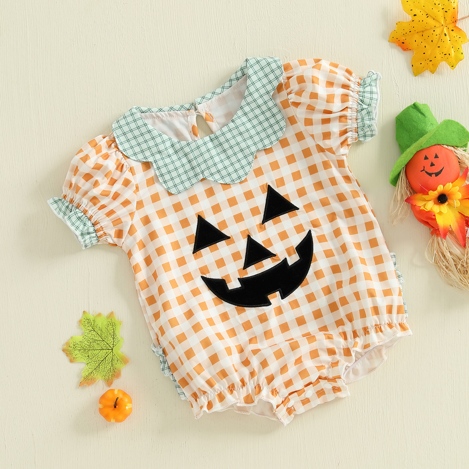 Baby Girl Halloween Pumpkin Plaid Romper – Infant Short Sleeve Jumpsuit - Image 3