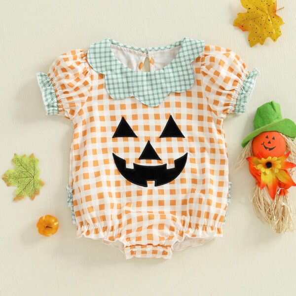 Baby Girl Halloween Pumpkin Plaid Romper – Infant Short Sleeve Jumpsuit