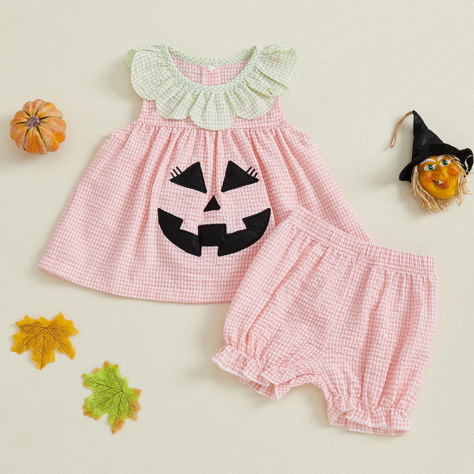 Baby Girl Halloween Outfit Pumpkin Plaid Tank Top and Elastic Shorts Set - Image 2