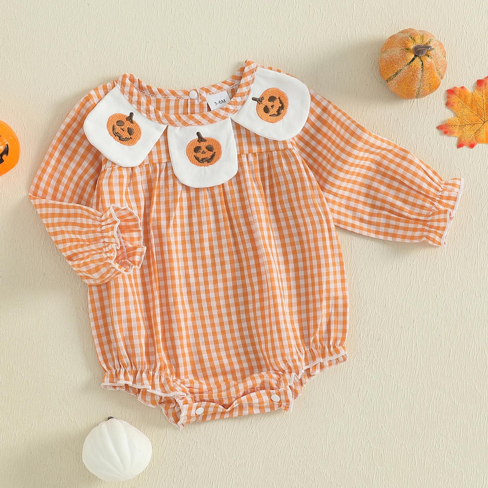 Baby Girl Halloween Pumpkin Plaid Long Sleeve Romper Jumpsuit - Image 3