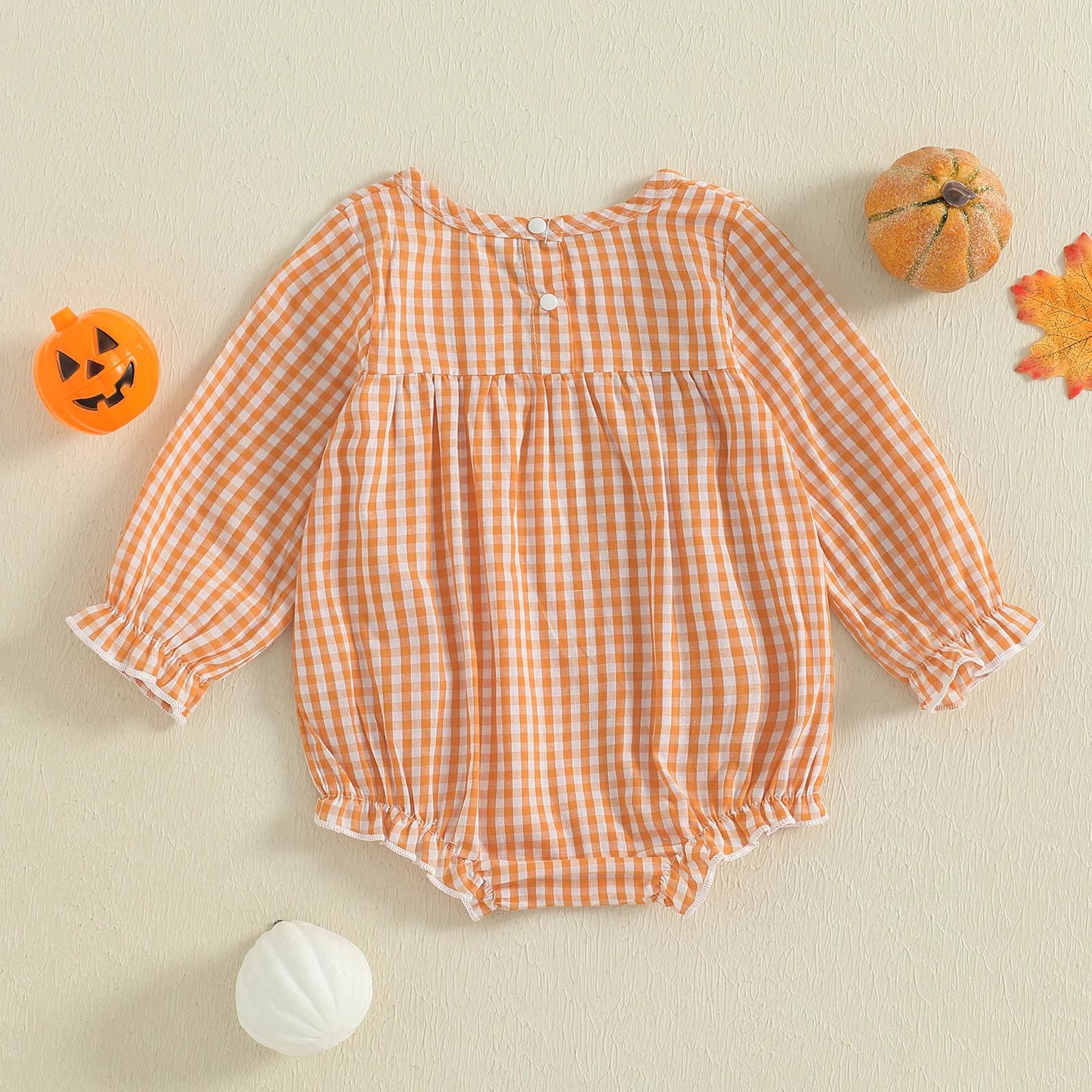 Baby Girl Halloween Pumpkin Plaid Long Sleeve Romper Jumpsuit - Image 2