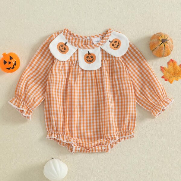 Baby Girl Halloween Pumpkin Plaid Long Sleeve Romper Jumpsuit