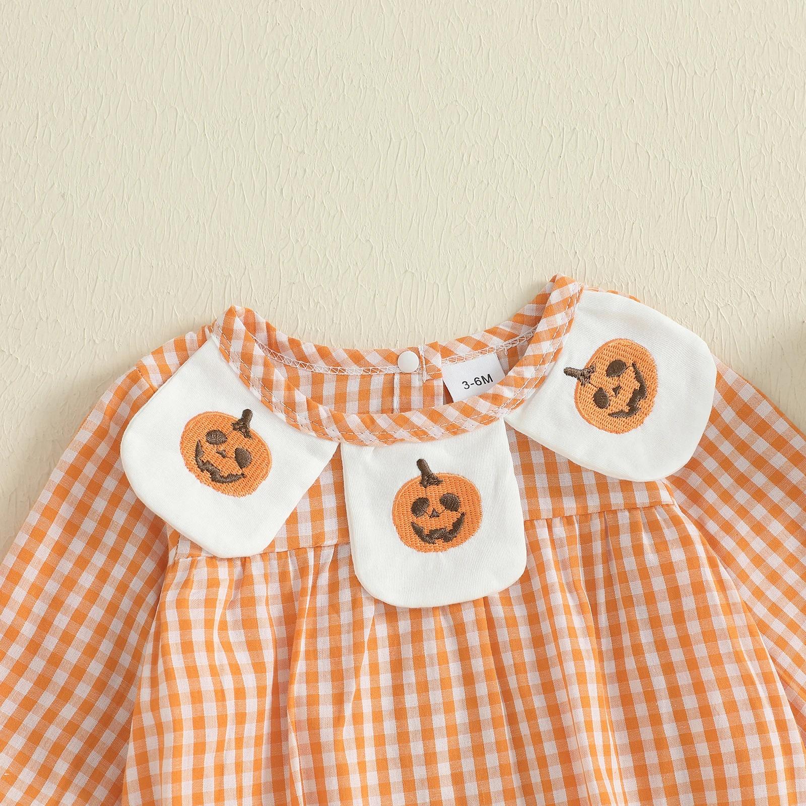 Baby Girl Halloween Pumpkin Plaid Long Sleeve Romper Jumpsuit - Image 4
