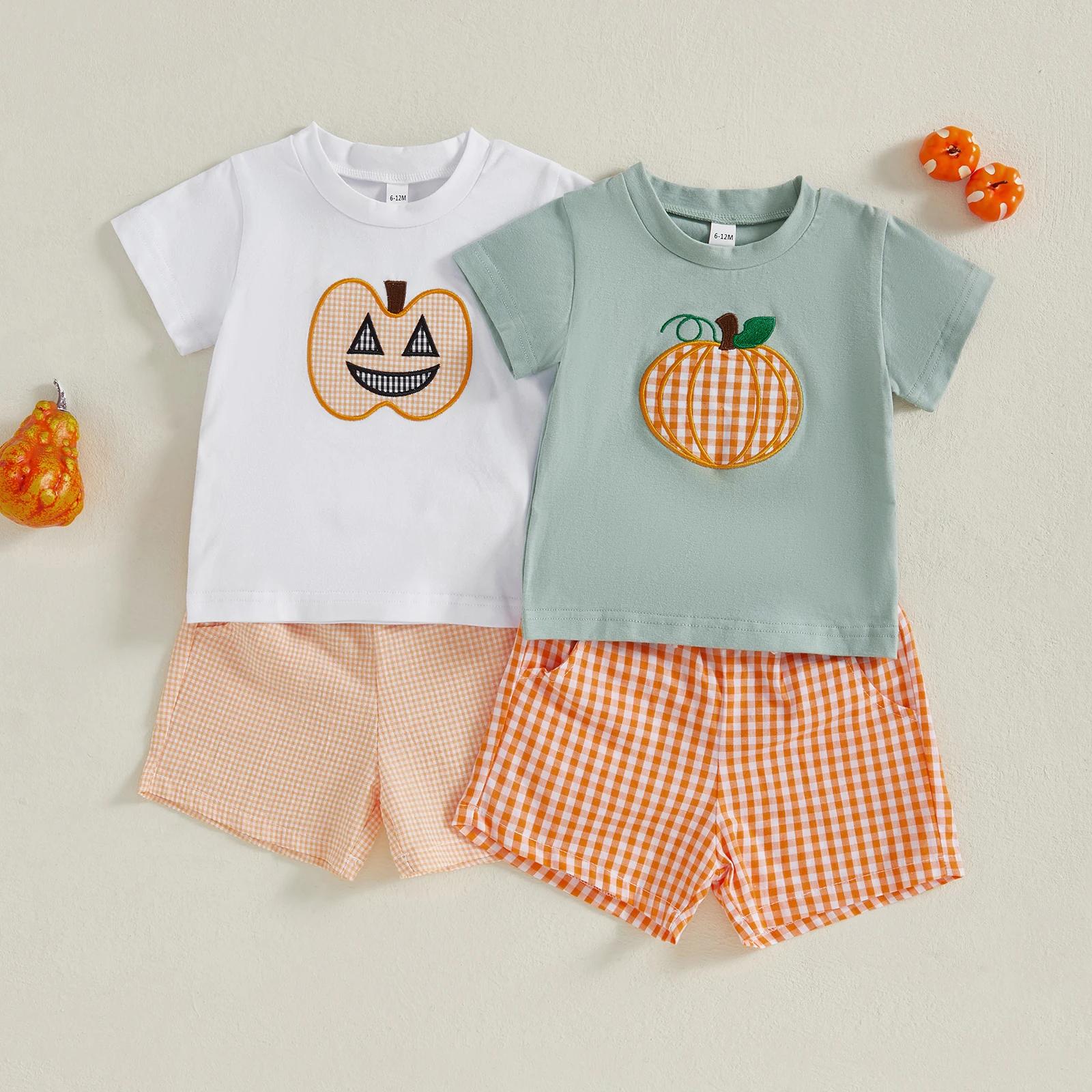 Baby Boys Halloween Outfit Pumpkin T-Shirt and Plaid Shorts Set - Image 2