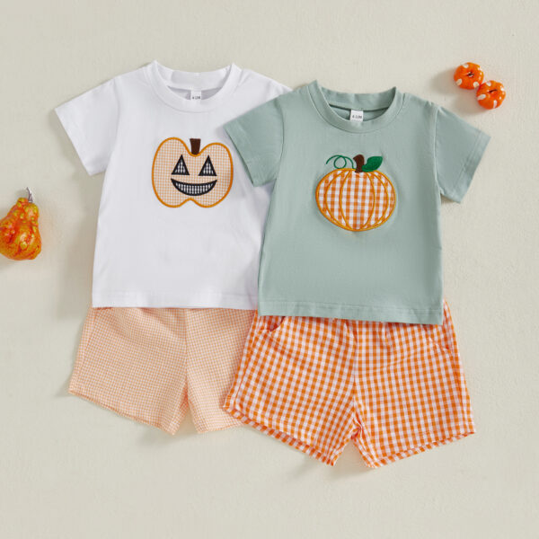 Baby Boys Halloween Outfit Pumpkin T-Shirt and Plaid Shorts Set