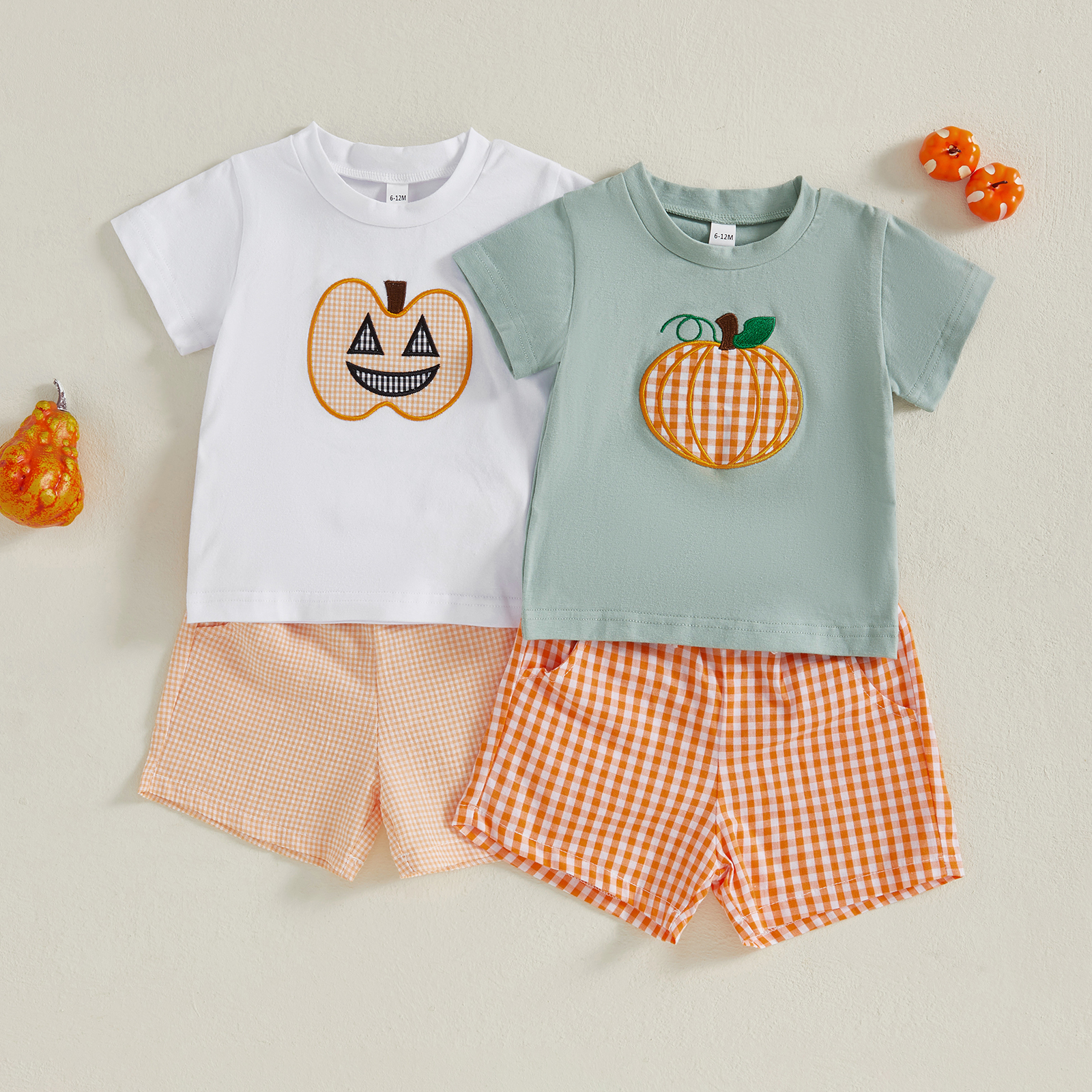 Baby Boys Halloween Outfit Pumpkin T-Shirt and Plaid Shorts Set