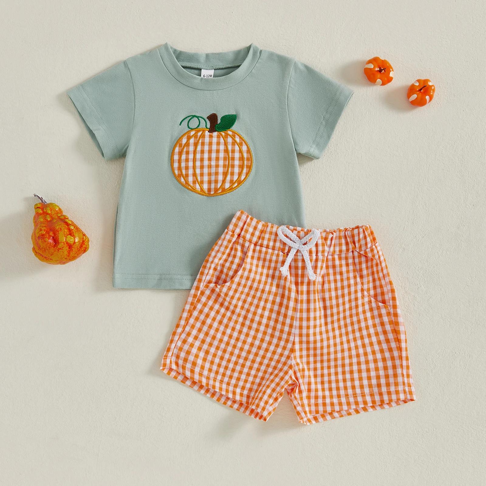 Baby Boys Halloween Outfit Pumpkin T-Shirt and Plaid Shorts Set - Image 3