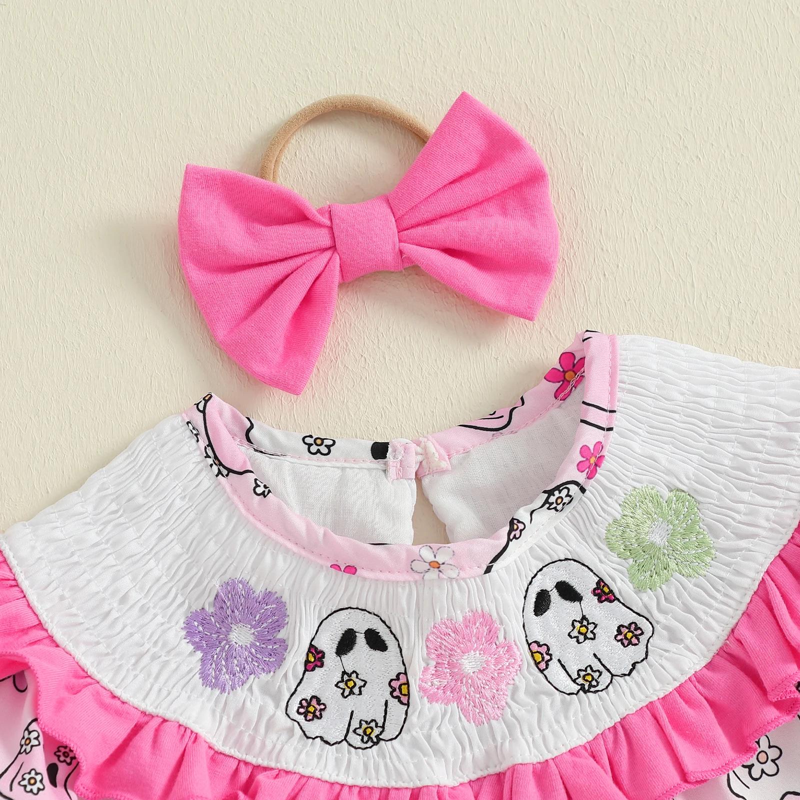 Baby Girl Halloween Ghost Print Romper with Bow Headband - Image 4