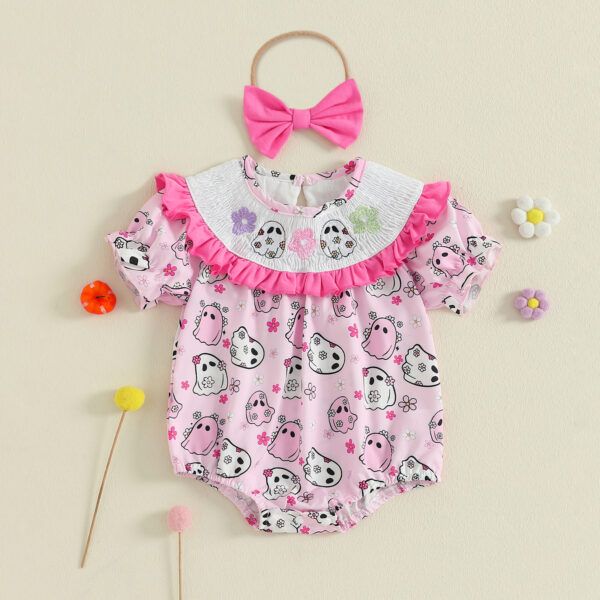 Baby Girl Halloween Ghost Print Romper with Bow Headband