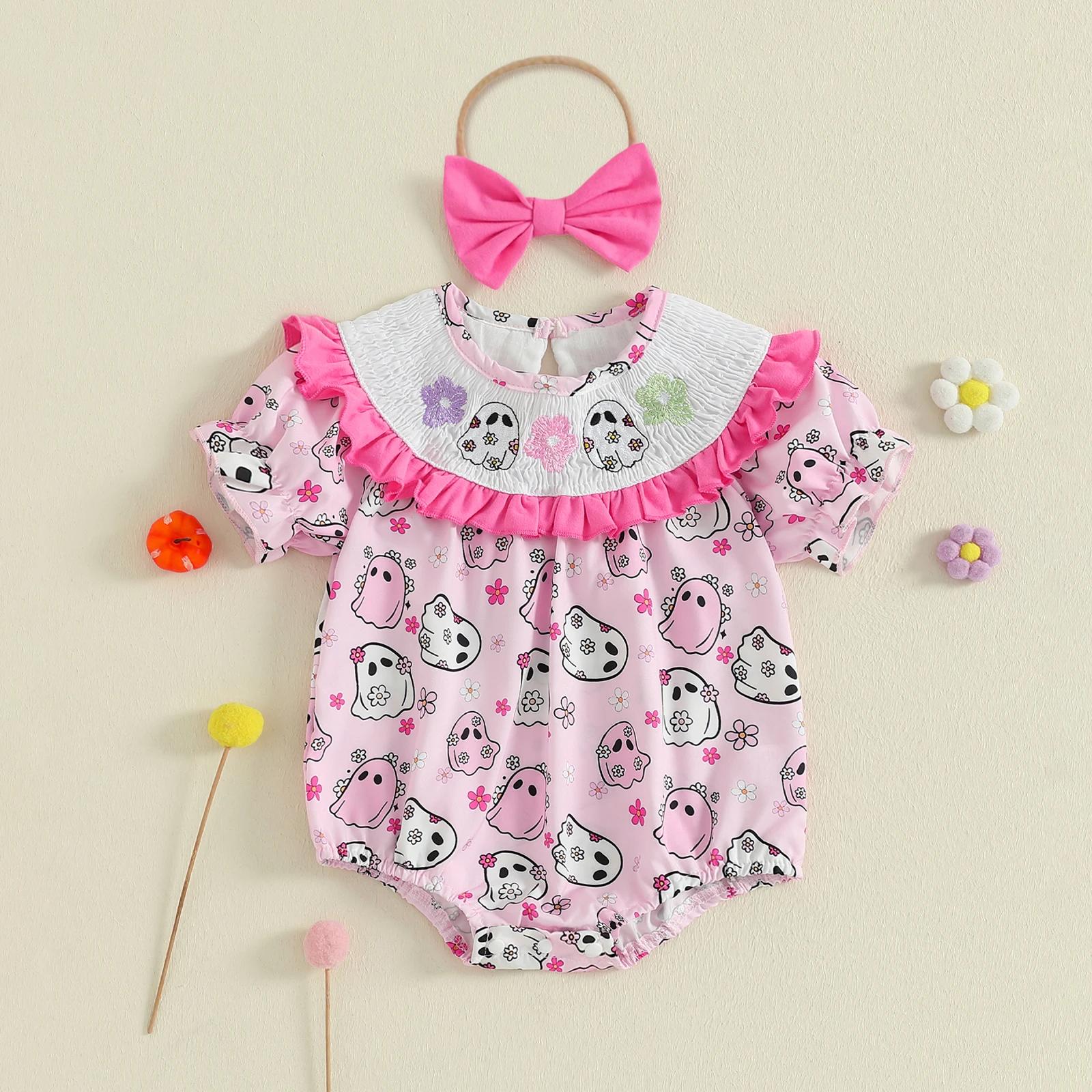 Baby Girl Halloween Ghost Print Romper with Bow Headband - Image 2