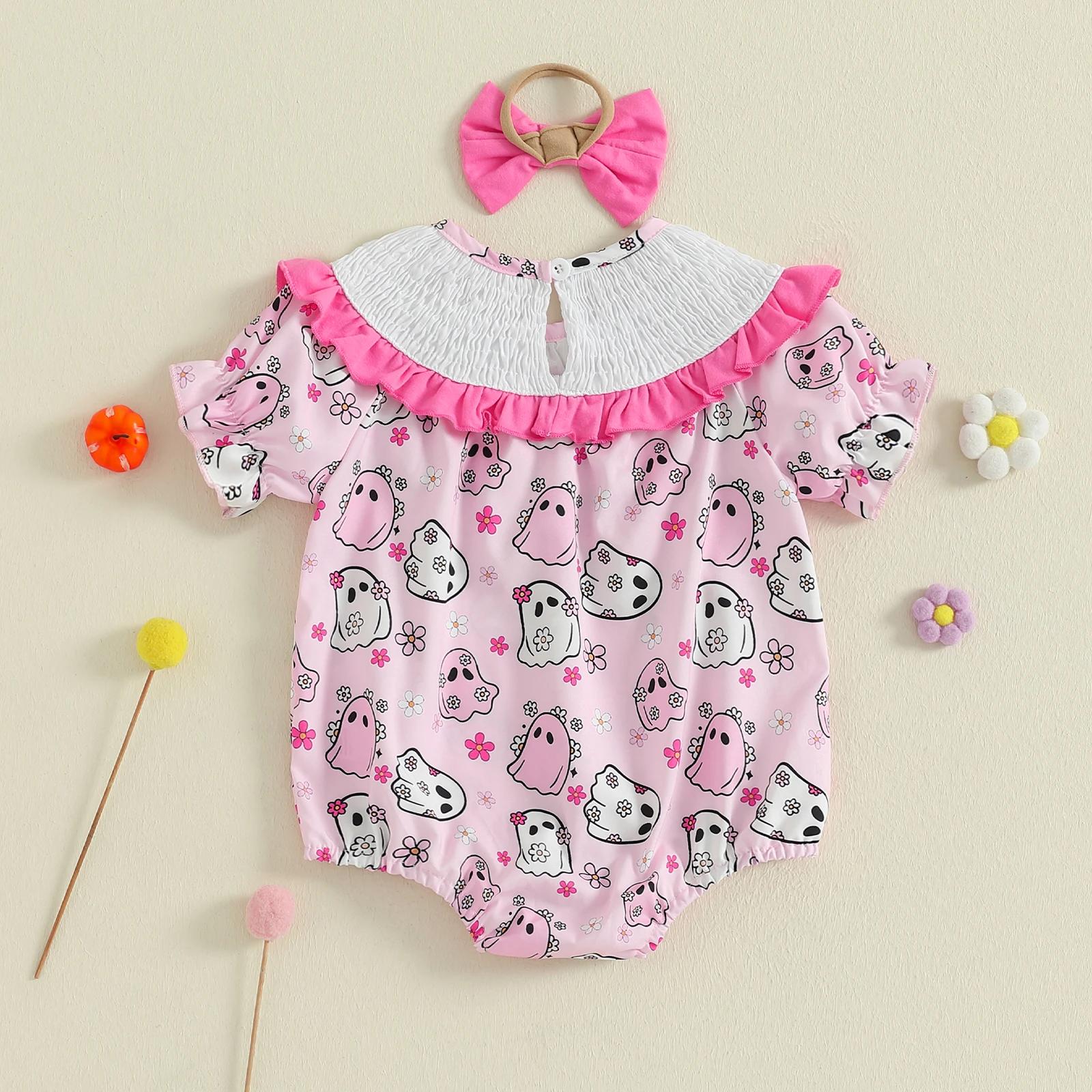 Baby Girl Halloween Ghost Print Romper with Bow Headband - Image 3