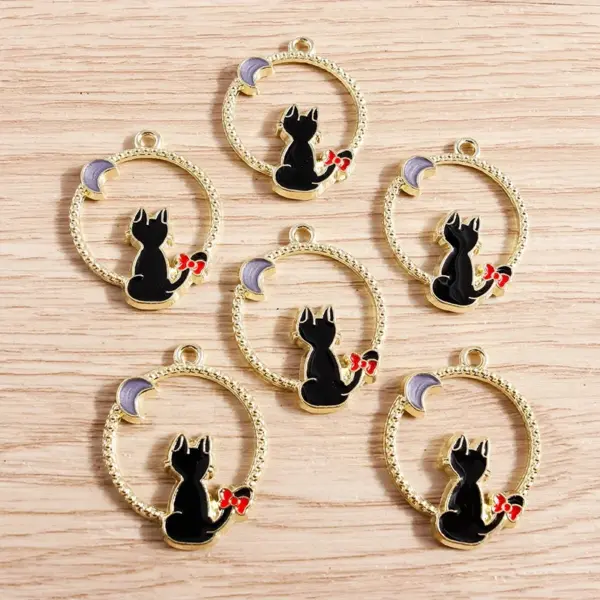 10pcs Enamel Cat & Moon Charms for Jewelry Making – 0.87x1.1in