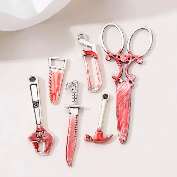 Halloween Horror Tool Charms – 5pcs Blood Scissors, Hammer & Wrench Pendants