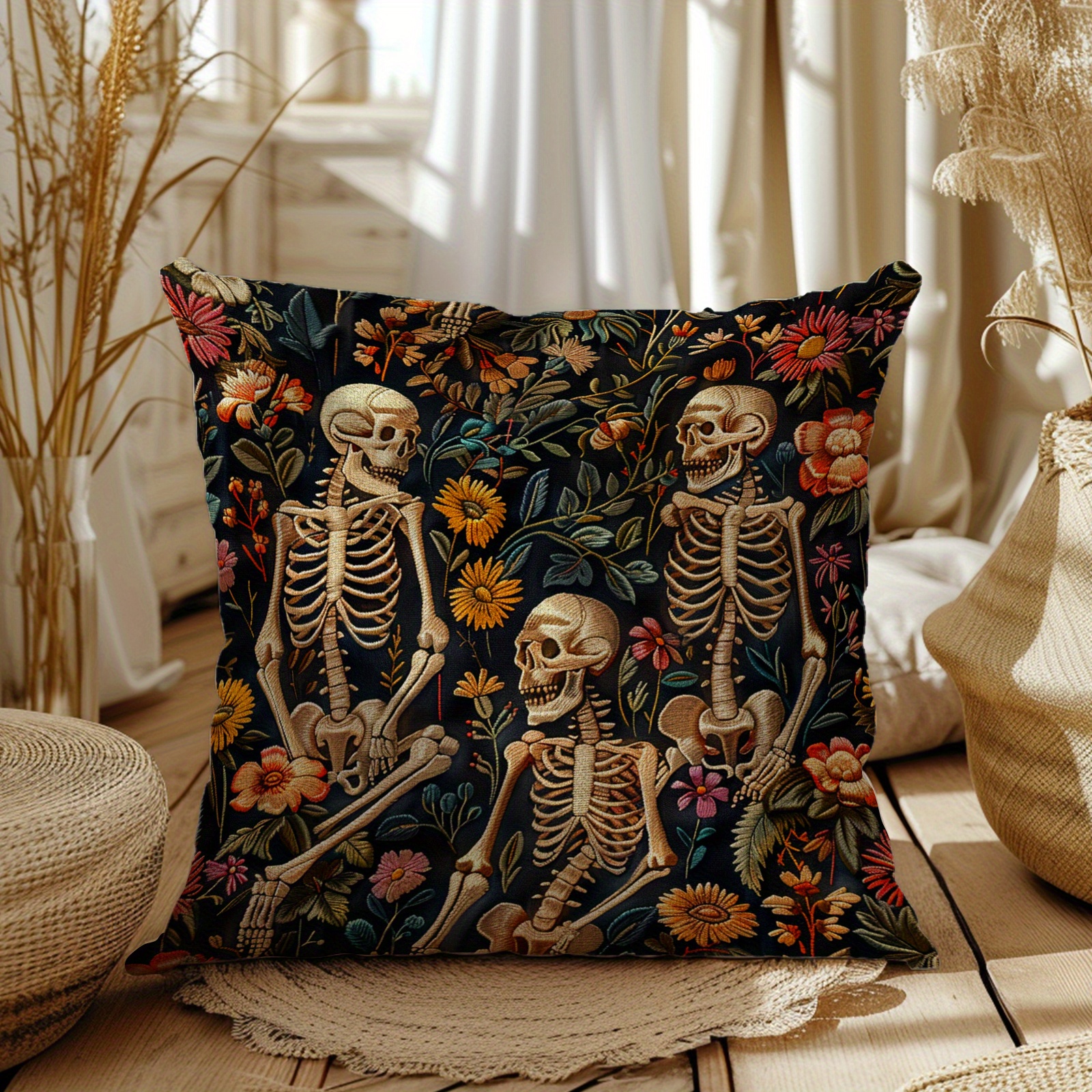 Vintage Skull Linen Throw Pillow Cover 18x18