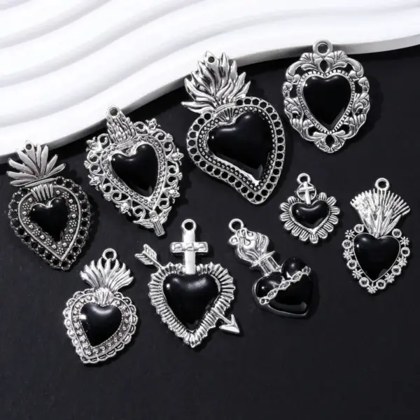 Gothic Enamel Heart Charms - 5pcs Set for DIY Jewelry Making