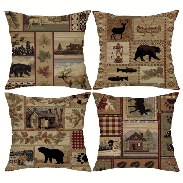 Rustic Bear & Elk Linen Blend Throw Pillow Cover 18x18 with Zip Closure