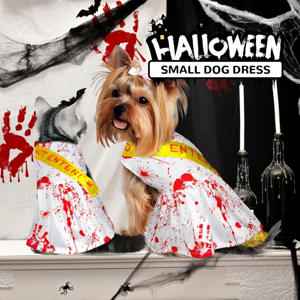 Halloween Pet Costume Bloody Handprint Dress with ‘Do Not Enter’ Sash - Image 2
