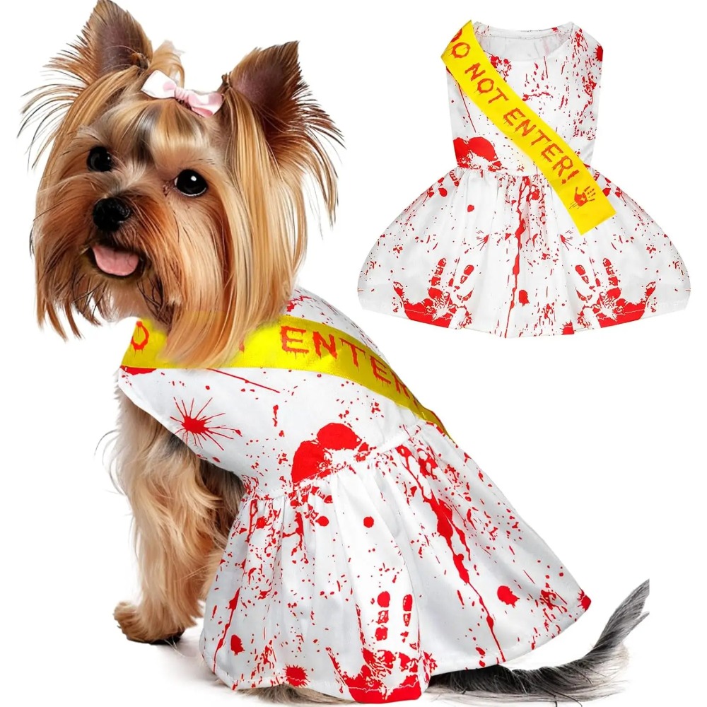 Halloween Pet Costume Bloody Handprint Dress with ‘Do Not Enter’ Sash