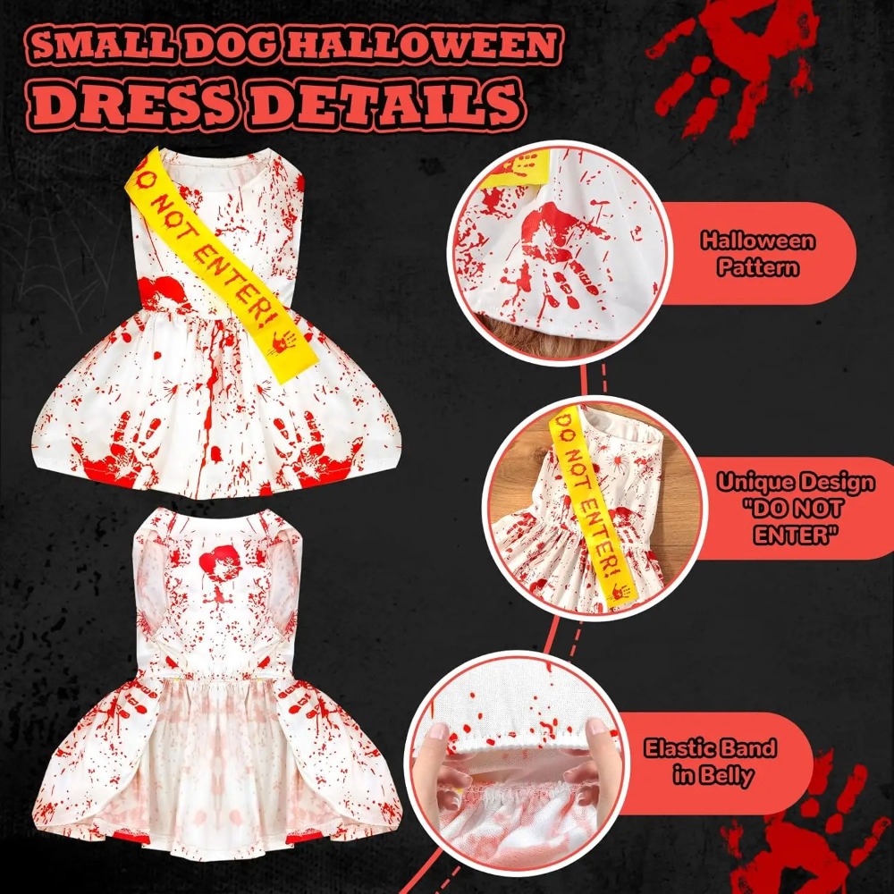 Halloween Pet Costume Bloody Handprint Dress with ‘Do Not Enter’ Sash - Image 3