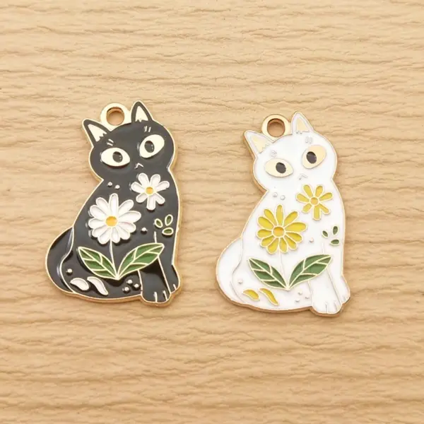 10pcs Enamel Flower Cat Charms for Jewelry Making – Cute Animal Pendants