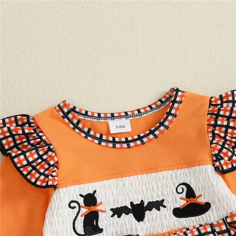 Newborn Baby Girl Halloween Bow Romper with Black Cat/Ghost Embroidery - Image 5