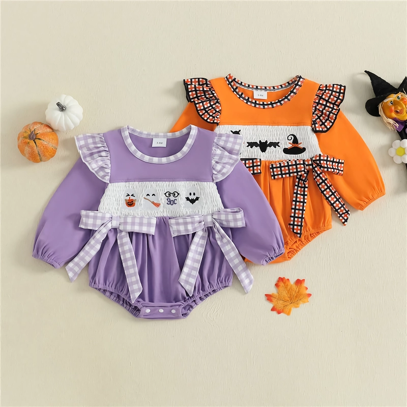 Newborn Baby Girl Halloween Bow Romper with Black Cat/Ghost Embroidery